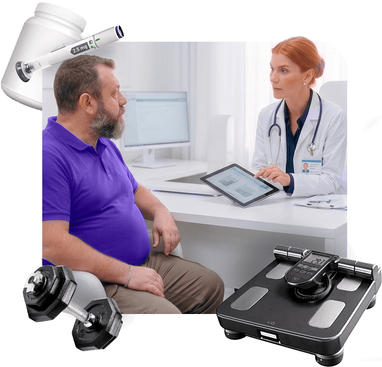Médica avaliando paciente com obesidade em consultório