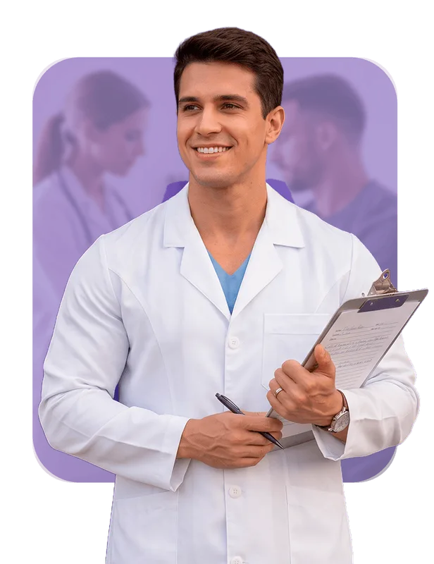 Médico nutrólogo de jaleco branco segurando uma prancheta